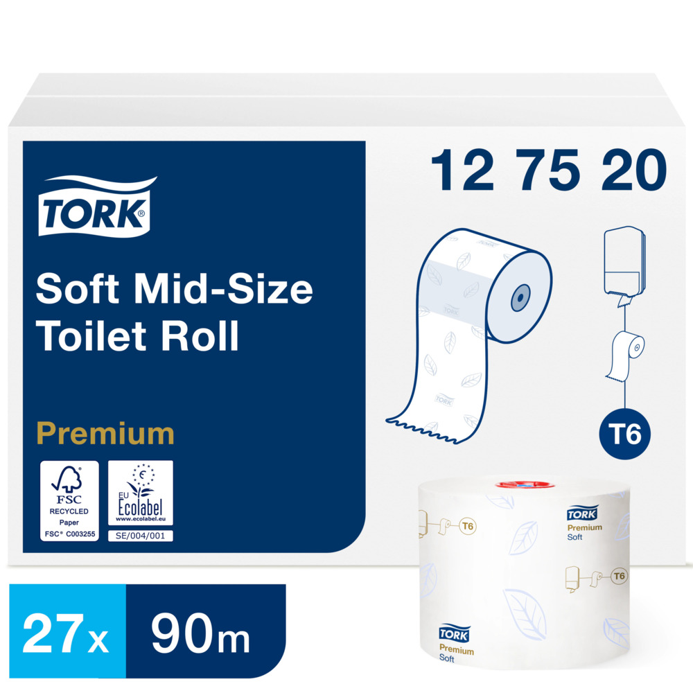 Toalettpapir Tork Mid-size mykt 2-lag Premium T6 90m hvit blå dekor
