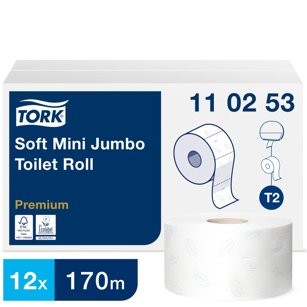 Toalettpapir Tork T2 Mini Jumbo mykt Premium 170m 2- lags hvit blå dekor, perforert